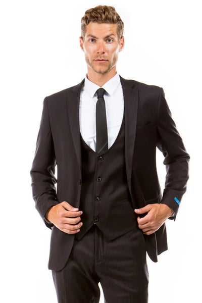 Men's Two Button Vested Hybrid Fit Micro Mini Pinstripe Business Suit In Black 1 J4-1514  - from alligatorwarehouse.com
