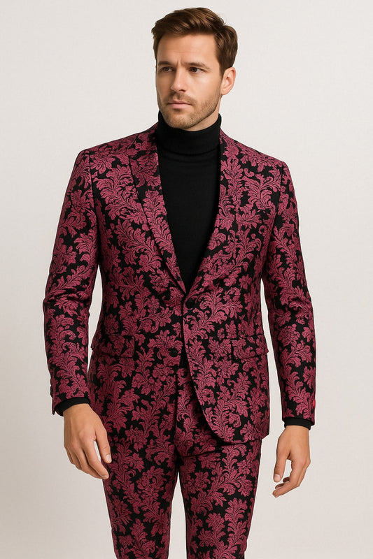 Mens Pink and Black Floral Tuxedo Suit ƒ?? Slim Fit Two Piece Set