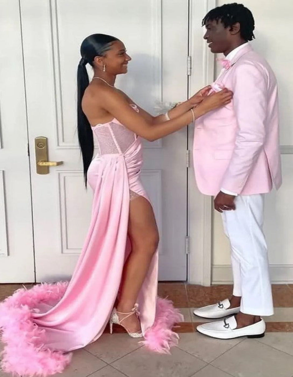 Pink And White Tuxedo Suit With White Pants + White Shirt + Pink Vest and Bowtie