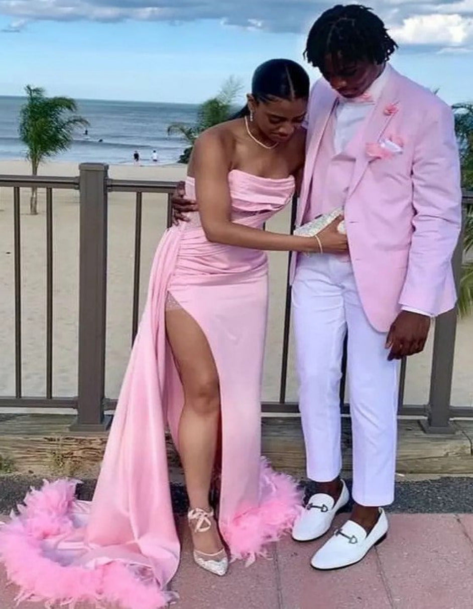 Pink And White Tuxedo Suit With White Pants + White Shirt + Pink Vest and Bowtie