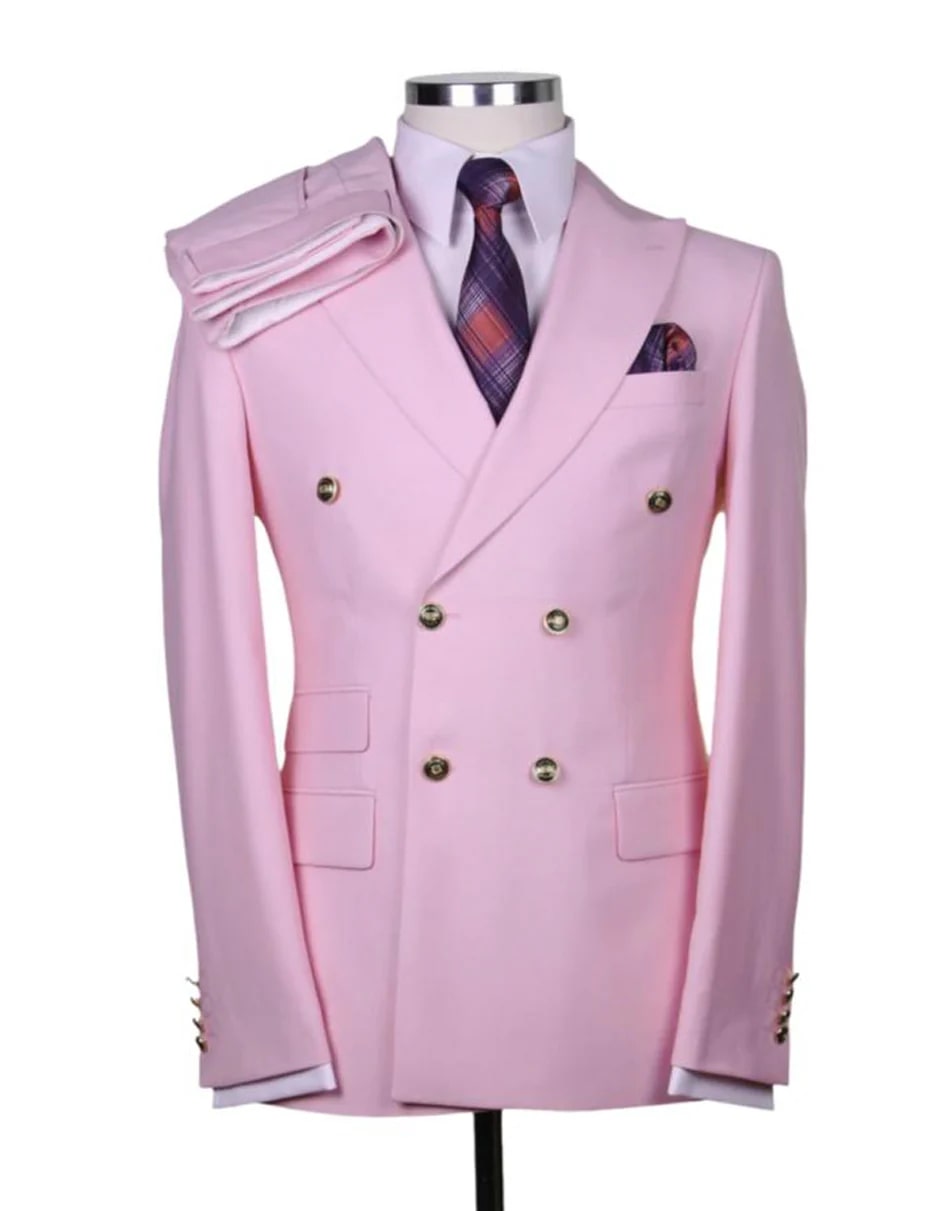 Mens Designer Modern Fit Double Breasted Wool Suit with Gold Buttons in Yellow