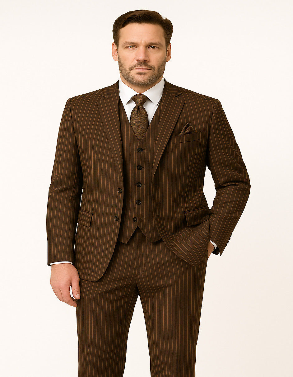 Men's Brown Pinstripe 3-Piece Suit with Matching Vest ƒ?? Classic Fit Business and Formal Attire