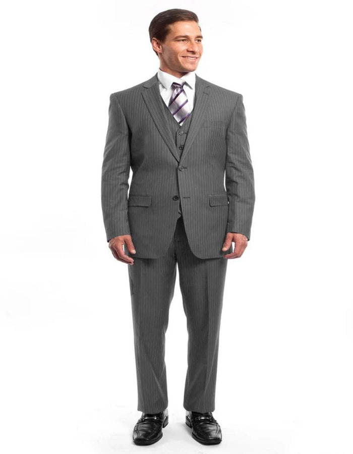 Light Grey Suit - Silver Gray Suit For Wedding - Men's Two Button Vested Business Light Grey Pinstripe Suit