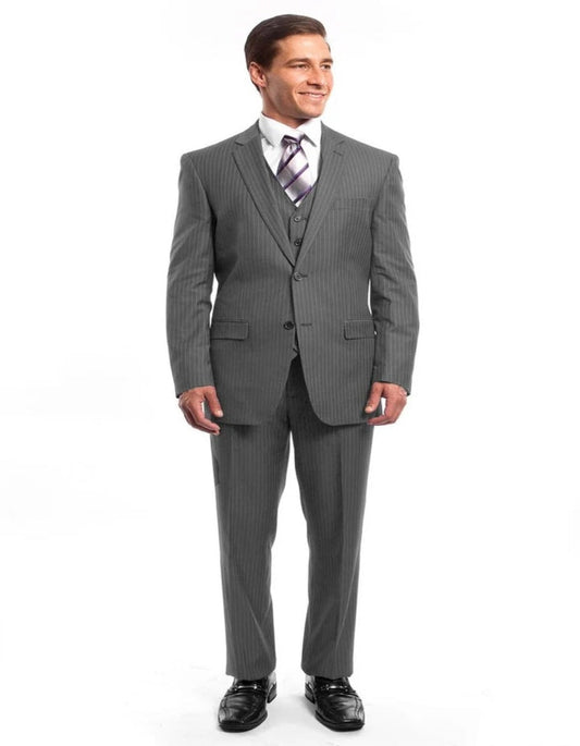 Light Grey Suit - Silver Gray Suit For Wedding - Men's Two Button Vested Business Light Grey Pinstripe Suit