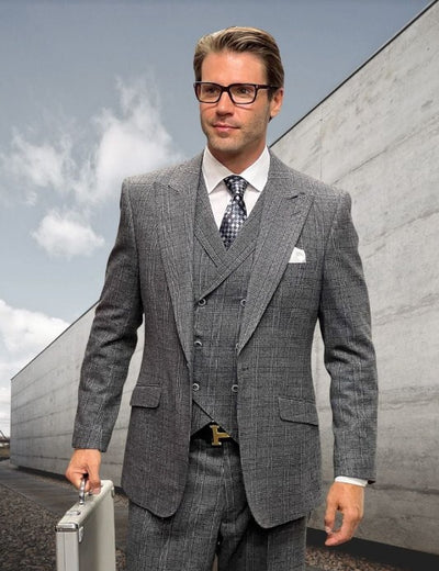 Mens Suit With Pleated Pants - Wool Suit With Plaid Pattern Charcoal Gray and Black Color Mixed - Classic fit Peak Lapel 1   - from alligatorwarehouse.com