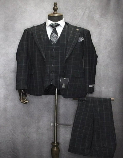 Mens Two Button Peak Lapel Plaid Pattern Suit Charcoal ~ White 1   - from alligatorwarehouse.com