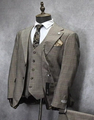 Mens Two Button Notch Lapel Plaid Pattern Suit Tan ~ Brown 3   - from alligatorwarehouse.com