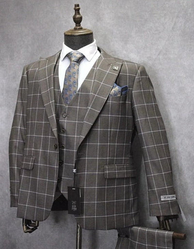 Mens One Button Peak Lapel Plaid Pattern Suit Tan ~ White ~ Blue 3   - from alligatorwarehouse.com