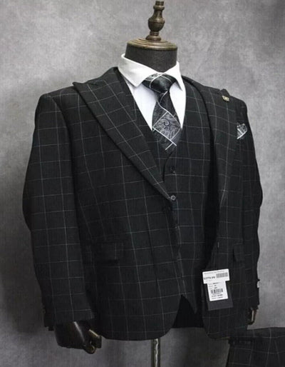 Mens Two Button Peak Lapel Plaid Pattern Suit Charcoal ~ White 2   - from alligatorwarehouse.com