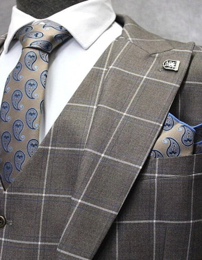 Mens One Button Peak Lapel Plaid Pattern Suit Tan ~ White ~ Blue 4   - from alligatorwarehouse.com