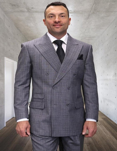 Mens Double Breasted Wool Suit Grey Plaid Regular Fit Black Gray 1   - from alligatorwarehouse.com