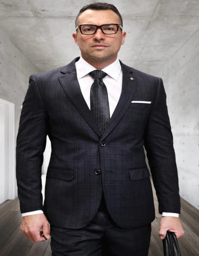 Mens 3 Piece 100 Percent Wool Suit - Affordable Italian Super 150's Fabric in Plaid Texture Fabric in Color Black - Online Special 1   - from alligatorwarehouse.com