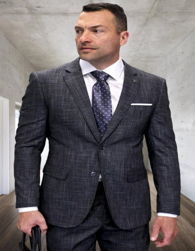 Mens 3 Piece 100 Percent Wool Suit - Affordable Italian Super 150's Fabric in Plaid Texture Fabric in Color Carbon - Online Special 1   - from alligatorwarehouse.com