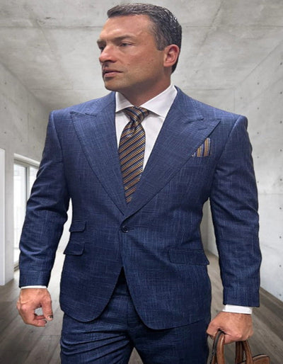 Mens 3 Piece 100 Percent Wool Suit - Affordable Italian Super 150's Fabric in Plaid Texture Fabric in Color Indigo Blue - Online Special 1   - from alligatorwarehouse.com