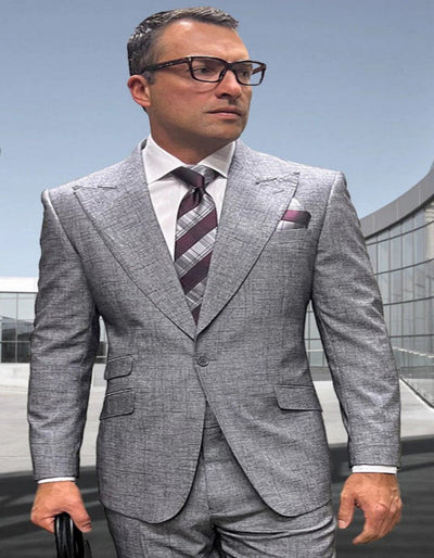 Mens 3 Piece 100 Percent Wool Suit - Affordable Italian Super 150's Fabric in Plaid Texture Fabric in Color Light Grey - Online Special 1   - from alligatorwarehouse.com