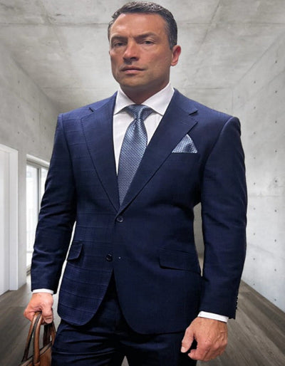 Mens 3 Piece 100 Percent Wool Suit - Affordable Italian Super 150's Fabric in Plaid Texture Fabric in Color Navy Blue - Online Special 1   - from alligatorwarehouse.com