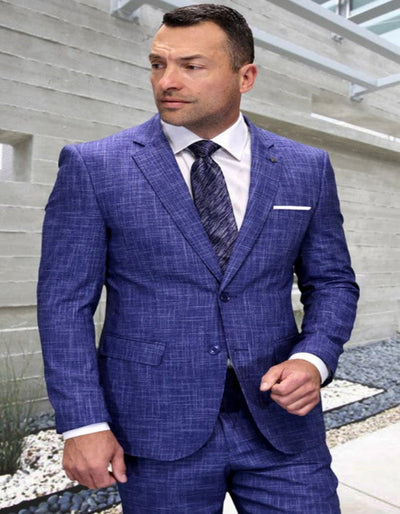Mens 3 Piece 100 Percent Wool Suit - Affordable Italian Super 150's Fabric in Plaid Texture Fabric in Color Sapphire - Online Special 1   - from alligatorwarehouse.com