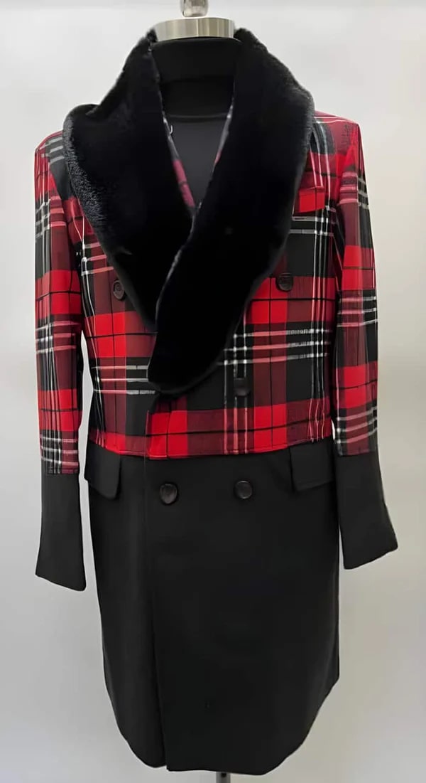 Mens Plaid Overcoat - Houndstooth Checker Pattern Topcoat - Red - Black