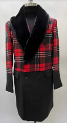 Mens Plaid Overcoat - Houndstooth Checker Pattern Topcoat - Red - Black