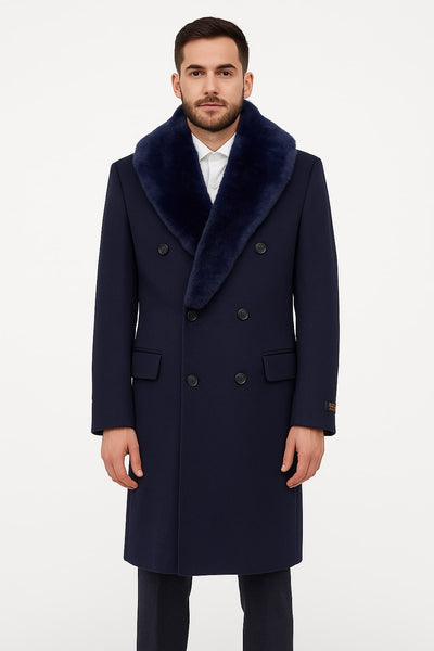 Mens Double-Breasted Navy Overcoat with Plush Blue Faux Fur Collar – Alberto Nardoni Winter Coat 1   - from alligatorwarehouse.com