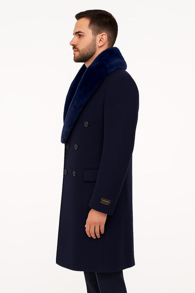 Mens Double-Breasted Navy Overcoat with Plush Blue Faux Fur Collar – Alberto Nardoni Winter Coat 2   - from alligatorwarehouse.com