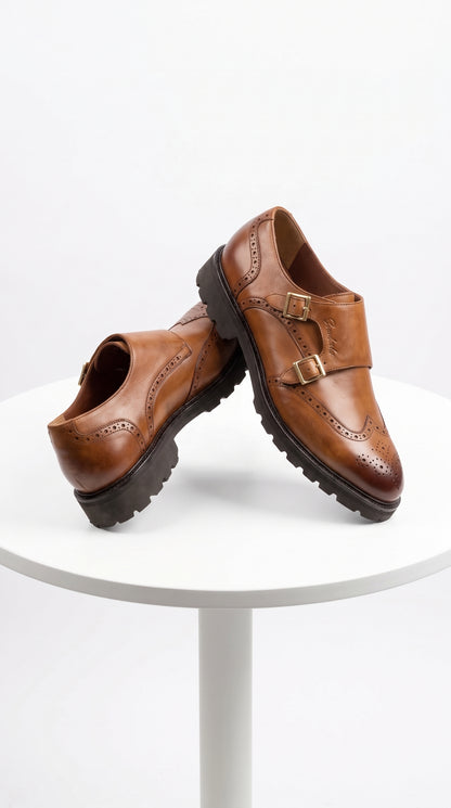 Lombardy Men’s Calfskin Wingtip Double Monk Strap Dress Shoes – Lug Sole