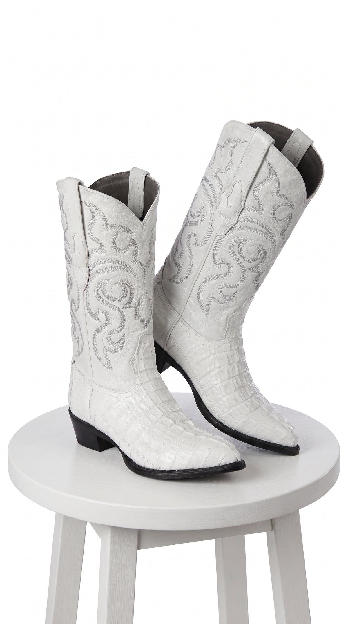 Men’s White Caiman Tail Crocodile Boots, Pointed Toe Exotic Western Cowboy Dress Boots