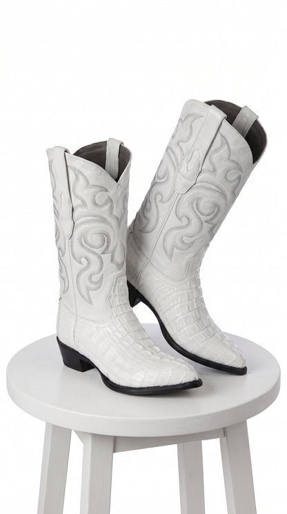 Men’s White Caiman Tail Crocodile Boots, Pointed Toe Exotic Western Cowboy Dress Boots