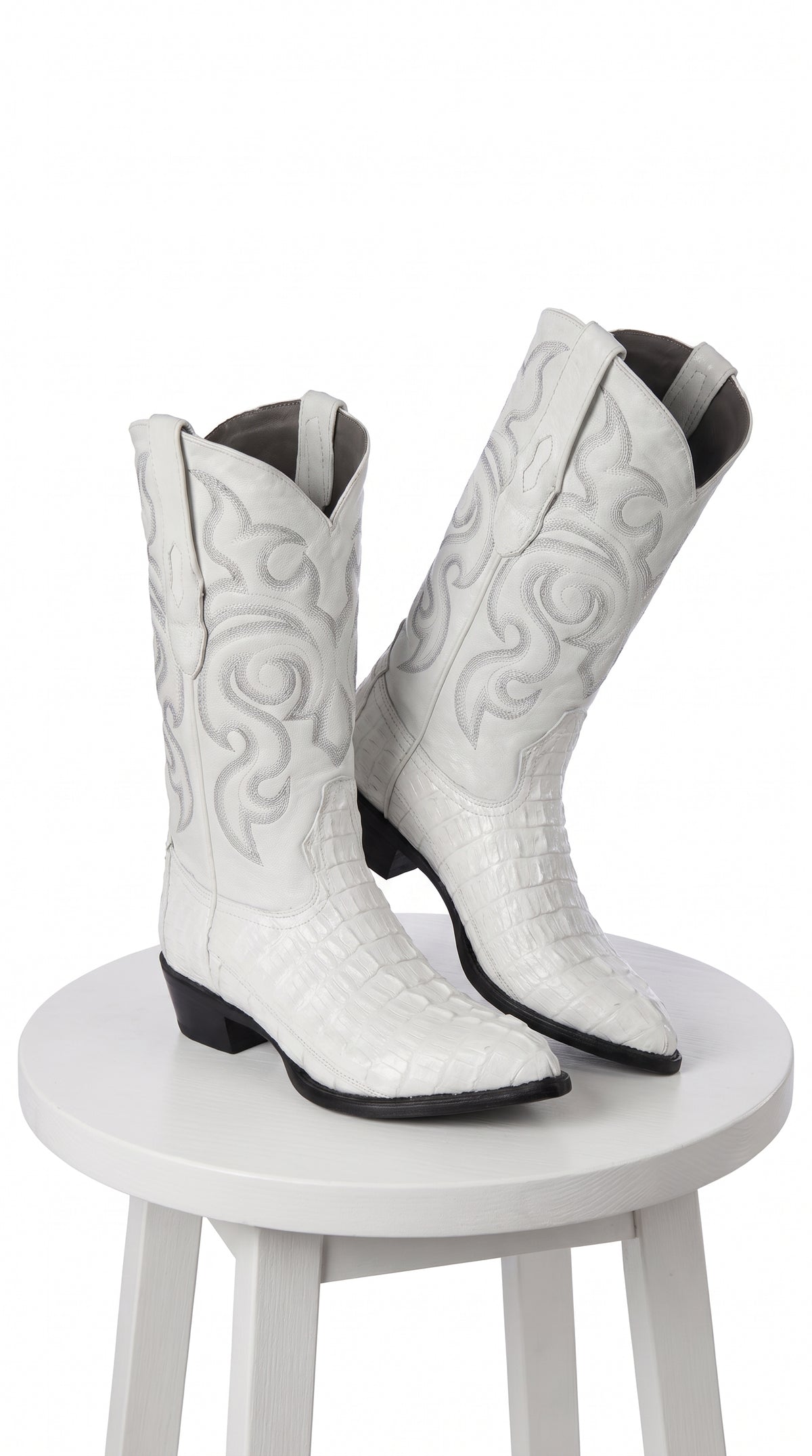 Men’s White Caiman Tail Crocodile Boots, Pointed Toe Exotic Western Cowboy Dress Boots