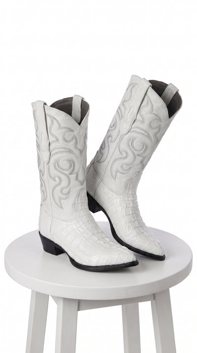 Men’s White Caiman Tail Crocodile Boots, Pointed Toe Exotic Western Cowboy Dress Boots