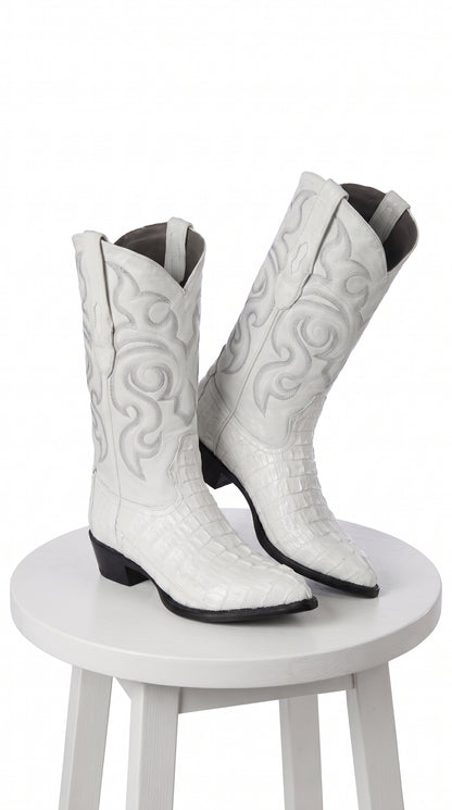 Men’s White Caiman Tail Crocodile Boots, Pointed Toe Exotic Western Cowboy Dress Boots