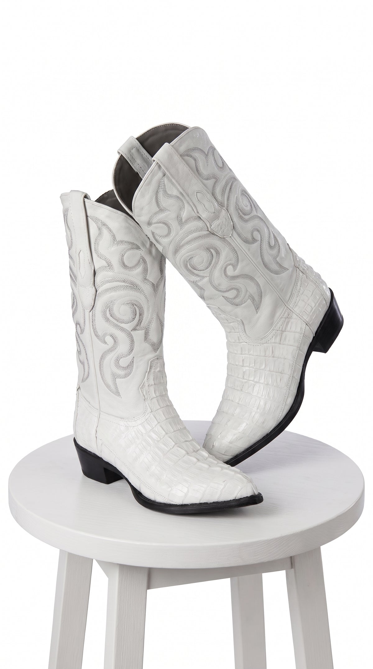 Men’s White Caiman Tail Crocodile Boots, Pointed Toe Exotic Western Cowboy Dress Boots