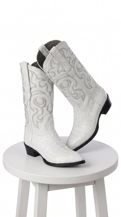 Men’s White Caiman Tail Crocodile Boots, Pointed Toe Exotic Western Cowboy Dress Boots