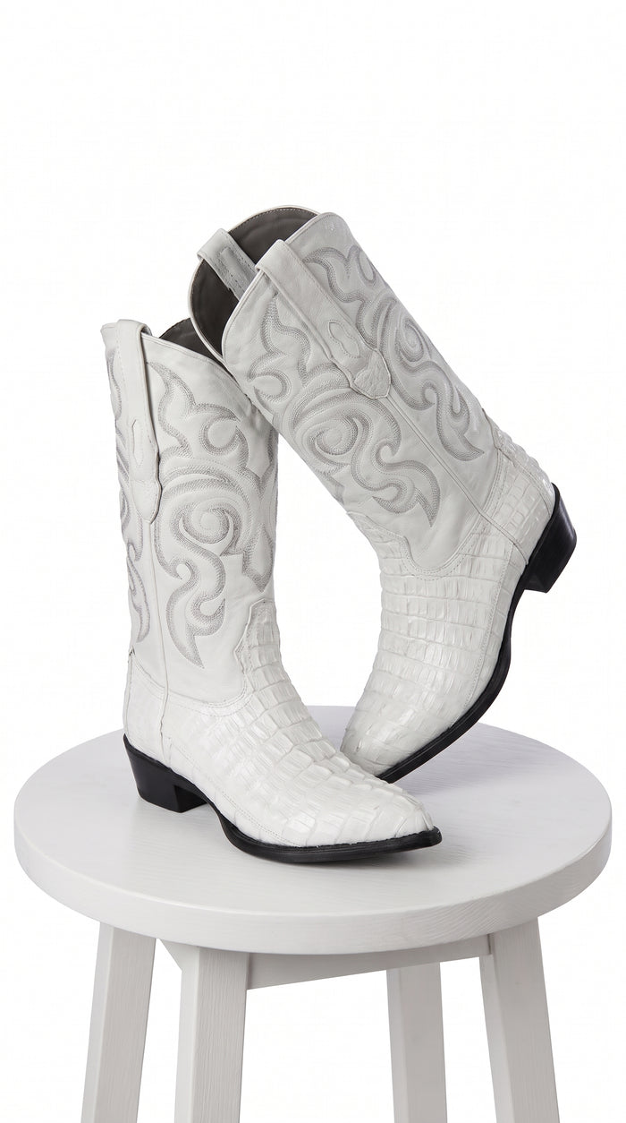 Men’s White Caiman Tail Crocodile Boots, Pointed Toe Exotic Western Cowboy Dress Boots