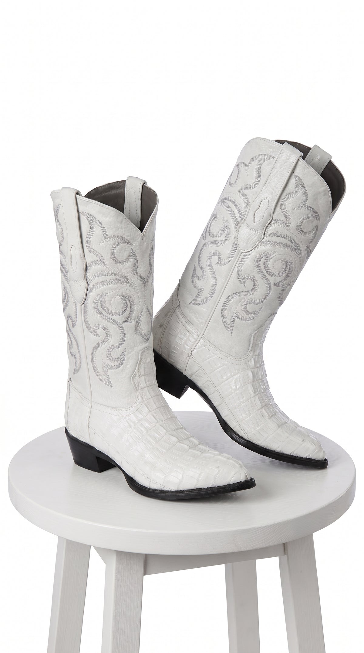 Men’s White Caiman Tail Crocodile Boots, Pointed Toe Exotic Western Cowboy Dress Boots