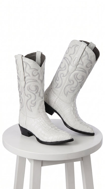 Men’s White Caiman Tail Crocodile Boots, Pointed Toe Exotic Western Cowboy Dress Boots