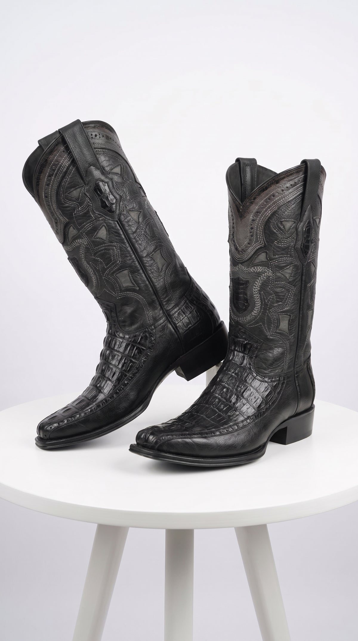 Men’s Black Caiman Crocodile and Deer Western Boots LAB-76F0105, European Toe Exotic Cowboy Dress Boots