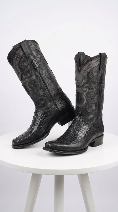 Men’s Black Caiman Crocodile and Deer Western Boots LAB-76F0105, European Toe Exotic Cowboy Dress Boots