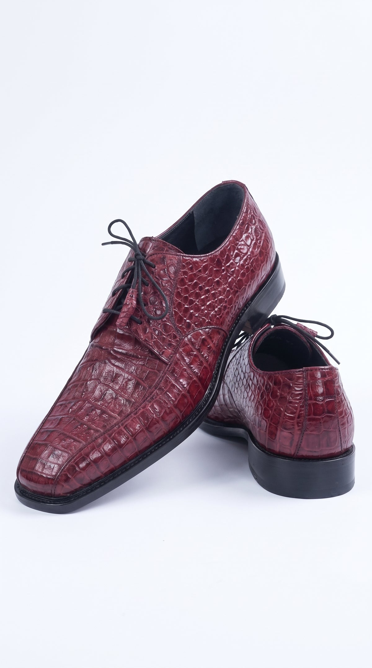 Los Altos Men’s Burgundy Caiman Belly Exotic Leather Shoes – Bicycle Toe Lace-Up Dress Shoes
