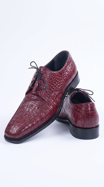 Los Altos Men’s Burgundy Caiman Belly Exotic Leather Shoes – Bicycle Toe Lace-Up Dress Shoes