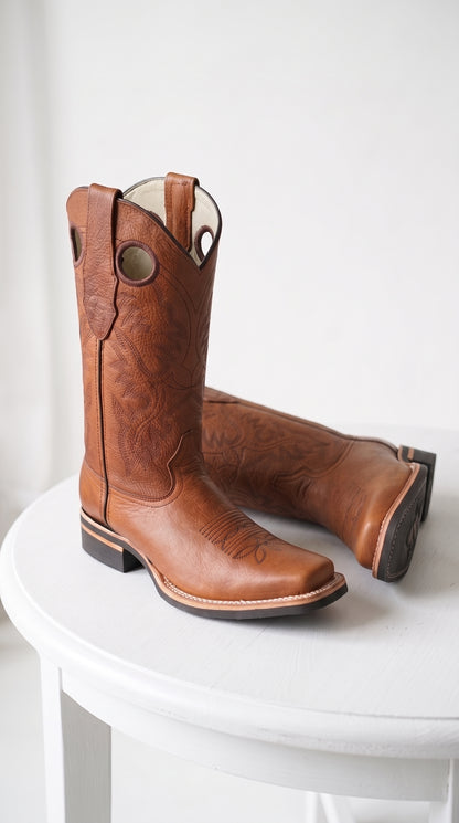 Los Altos Men’s Tan Leather Rodeo Boots, Western Cowboy Square Toe Boots