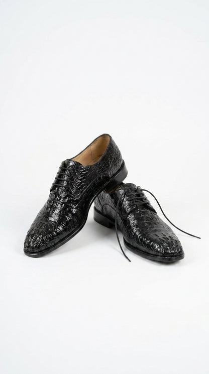 Los Altos Men’s Black Caiman Hornback Plain Toe Shoes, Exotic Lace-Up Formal Dress Shoes