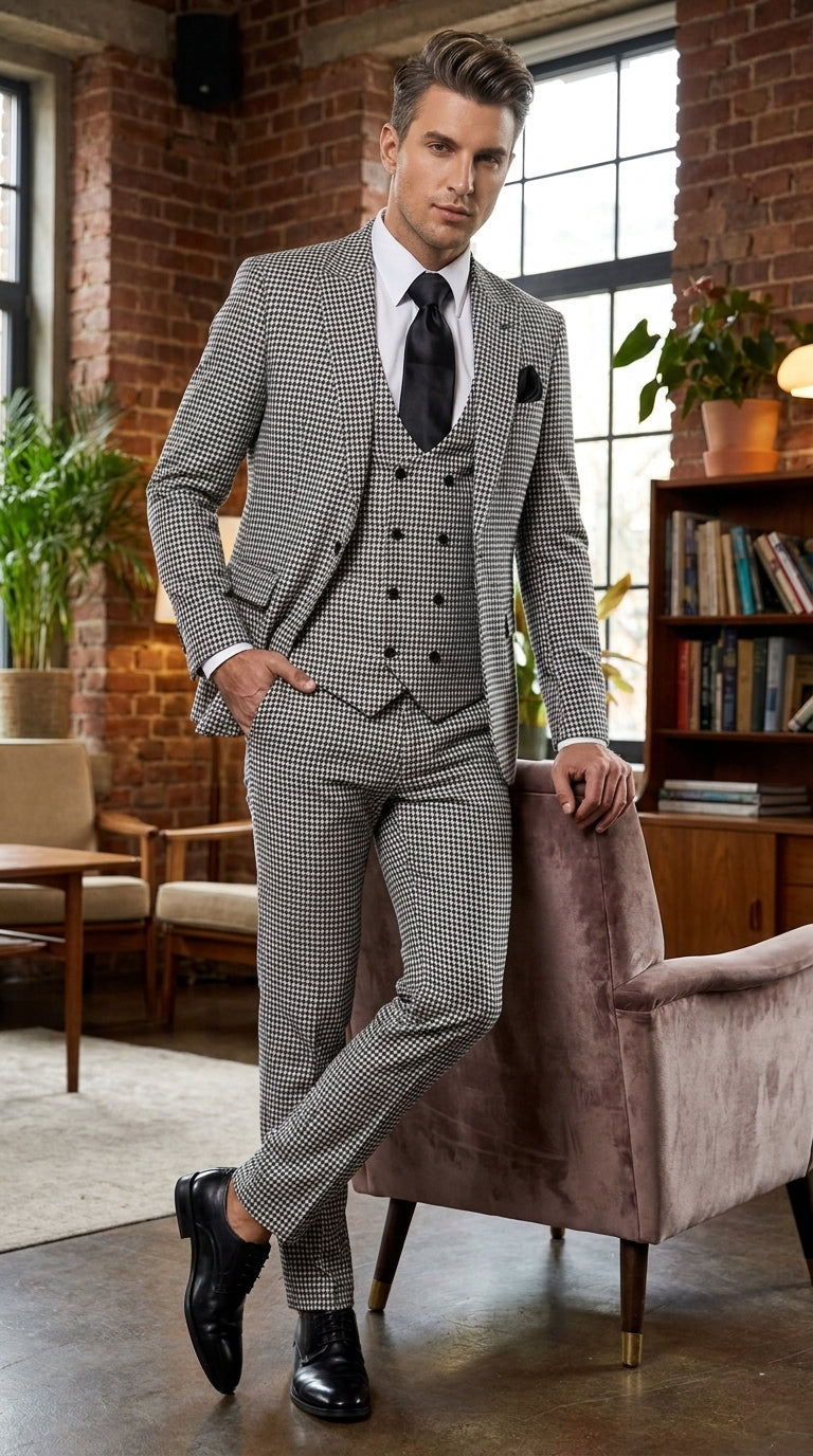 Men’s Black & White Houndstooth Check 3-Piece Pure Wool Suit with Double-Breasted Vest & Flat Front Pants