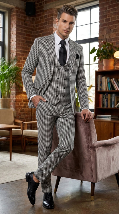 Men’s Black & White Houndstooth Check 3-Piece Pure Wool Suit with Double-Breasted Vest & Flat Front Pants