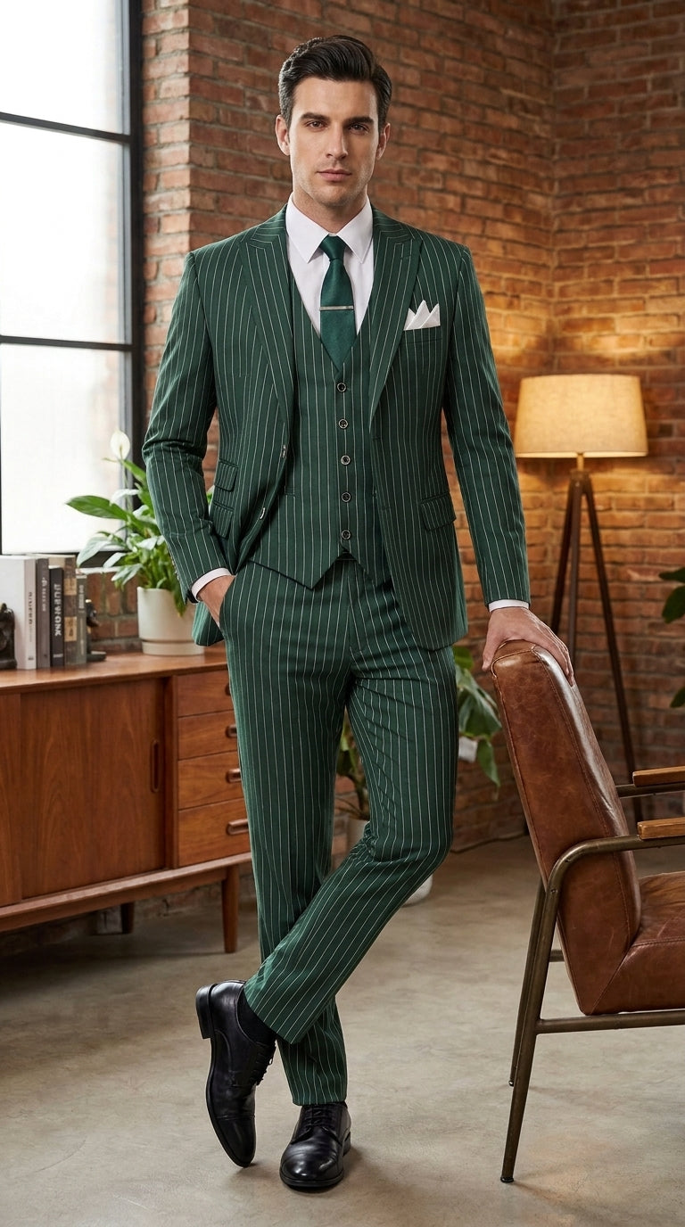 Men’s Hunter Green Great Gatsby Pinstripe Suit, 1920s Gangster 3 Piece Formal Outfit
