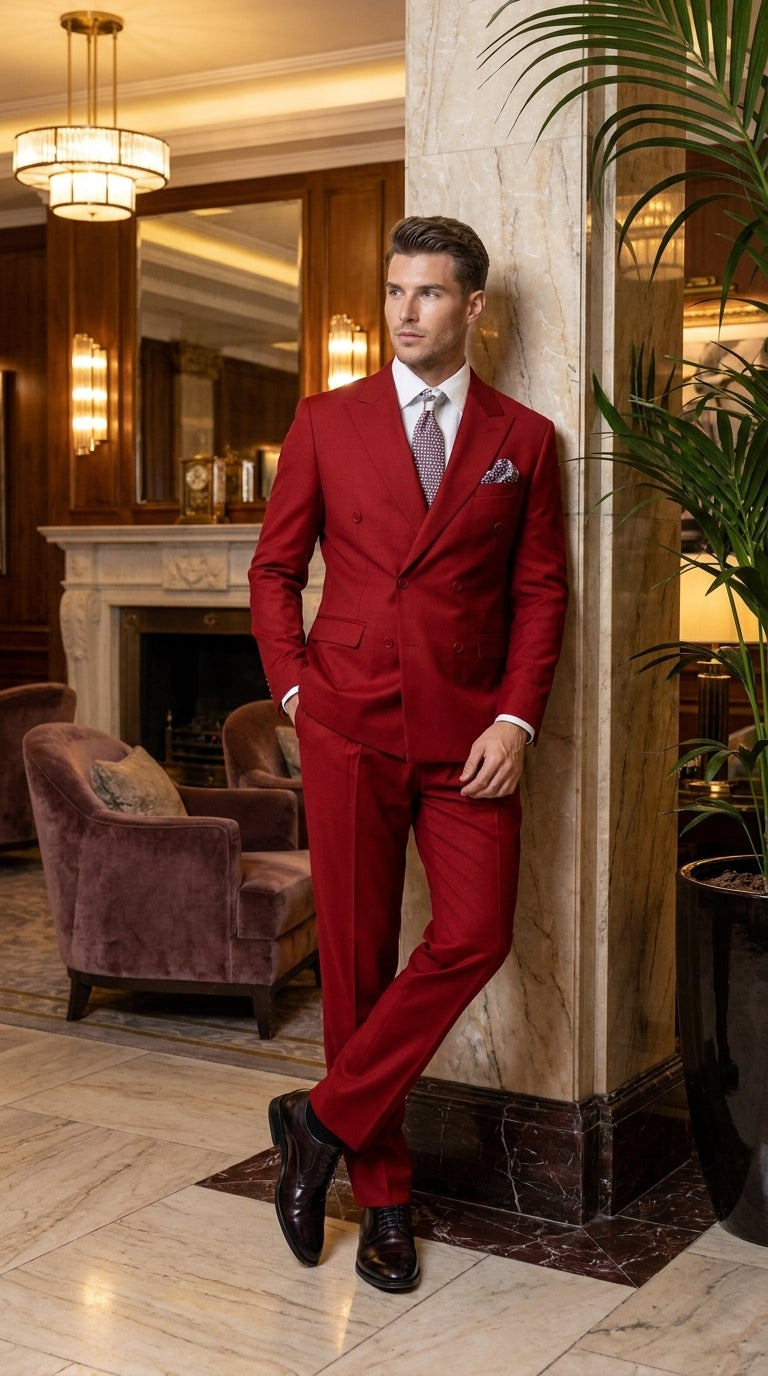 Men's Red Double Breasted Suit – Regular Fit 2-Piece Pleated Pants Wedding, Church & Formal Dress Suit