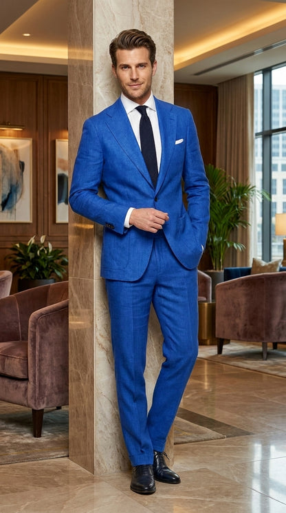 Men's Royal Blue Linen Suit – Modern Fit 2-Piece Tiffany Blue Wedding, Summer & Formal Suit