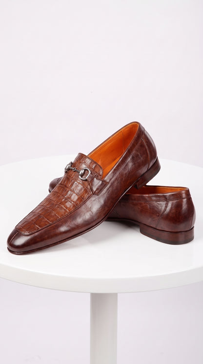 Lombardy Men’s Crocodile & Calfskin Bit Loafers – Brown Almond Toe Exotic Dress Shoes