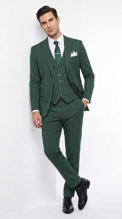 Men’s Hunter Green Great Gatsby Pinstripe Suit, 1920s Gangster 3 Piece Formal Outfit