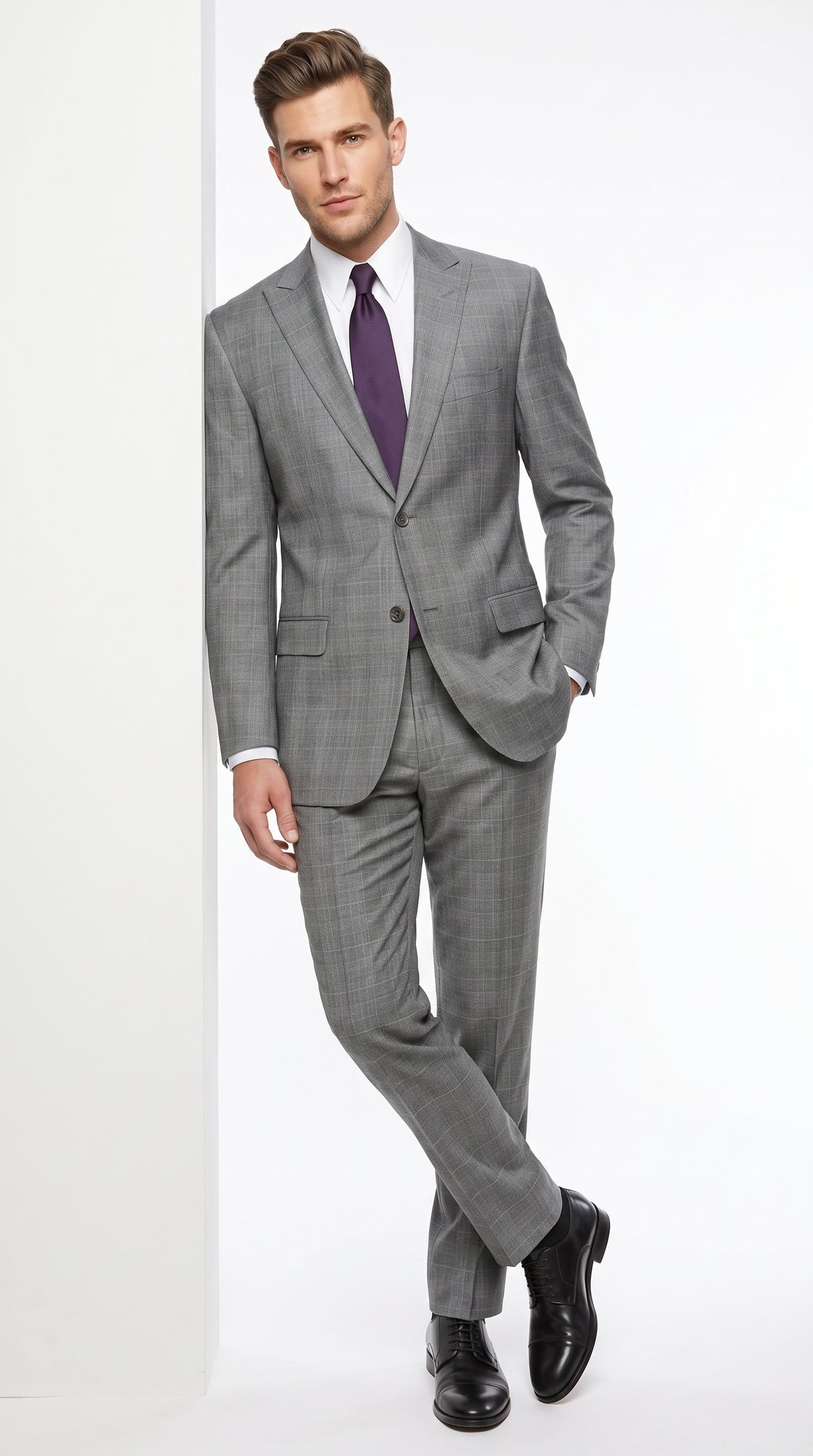 Men’s Grey Plaid 2 Button Suit, Modern Fit Peak Lapel Formal Wedding Business Suit